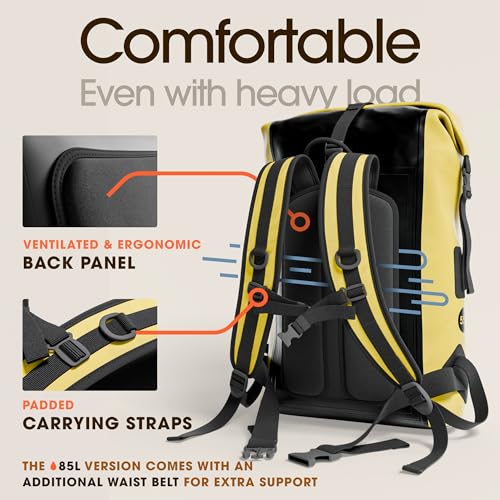 Earth Pak Waterproof Backpack - Heavy Duty Hiking Backpack - Roll-Top Closure Bag - Cushioned Dry Bag Waterproof Phone Case - color: Yellow, size: 55L