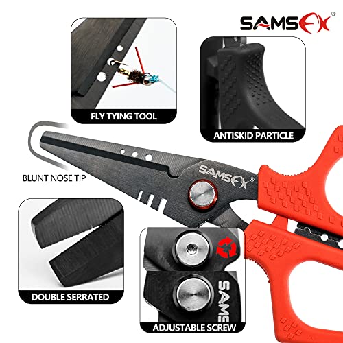 SAMSFX 6.5" Pro Fishing Shears Dual Serrated Blades, Fishing Braided Line Scissors with Titanium Coating, Non-Slip Grip & Multifunction Tool, Includes Hard Molded Locking Sheath & Coiled Lanyard - color: A: Orange Kraton Handle, Hard Sheath