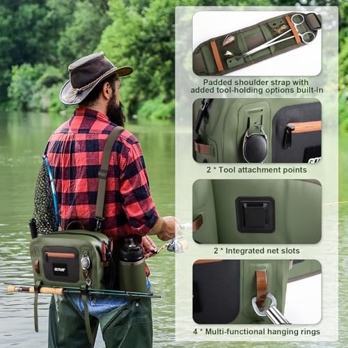 Goture Waterproof Fishing Waist Pack,IPX8 840D TPU Large Tackle Bag with Rod Holder,Airtight Zipper Closure,Detachable Water Bottle Holder, 10L Fly Fishing Bag with Adjustable Strap,Sling Fanny Pack - color: B1:10L Green Waterproof Tackle Bag