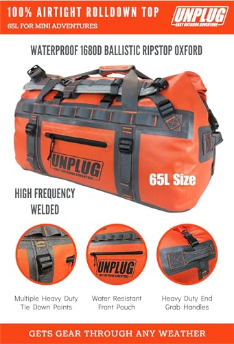 UNPLUG Ultimate Adventure | 1680D Heavy Duty Waterproof Bag | Large Travel Bag which can be Used for Camping, Motorcycling, Boating, or Hunting| 65L Adventure Orange - color: Adventure Orange, size: 65L