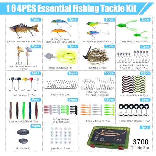 Goture Fishing Lures Kit,164pcs Bass Fishing Kit Including Soft Plastic Baits, Worms, Minnow, Crankbaits, Hooks,Swivels,Sinker Weights,3700 Tackle Box, Freshwater Fishing Gear Lure Set, Gifts of Men - color: A:164pcs Fishing Lures Kit