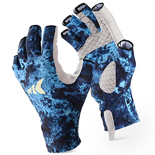 KastKing La Sal Fishing Gloves UPF50+ Sun Gloves UV Protection Fingerless Gloves Men Women for Outdoor, Kayaking, Rowing, Paddling, Canoeing, Hunting - color: J: Boulder Camo Posidon, size: Small-Medium