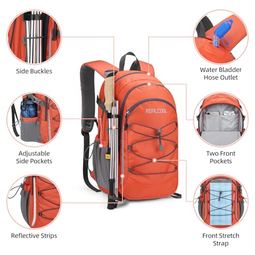 RealCool 30L Lightweight Hiking Backpack, Waterproof Daypack for Camping | 210D tear-resistant nylon, breathable shoulder and back panel, Multi-Compartment,hydration system,reflective strip,bungee net - color: Orange, size: 30L