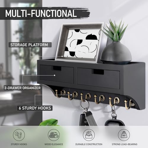 Rebee Vision Key Holder Wall Mount with 2 Drawer Organizer : Decorative Mail Organizer with 6 Key Hooks & Small Wall Shelf - Modern Home Decor for Apartment Essentials (Black) - color: Black, style: 2-Drawer