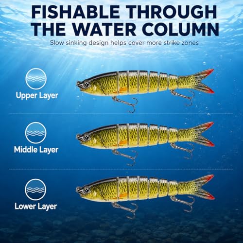 Bass Fishing Lures 3 Pack, 5.2in 8-Segment Jointed Swimbaits, Slow Sinking Hard Baits with Tackle Box, Life-Like Swimming Action for Bass Pike Walleye