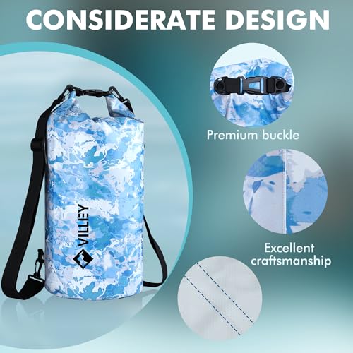 VILLEY Dry Bag Waterproof 5L Roll Top Storage Backpack, Keeps Gear Dry Lightweight Backpack for Kayaking Boating Camping Swimming and Beach Accessories Blue Camo - color: Blue Camo, size: 5L