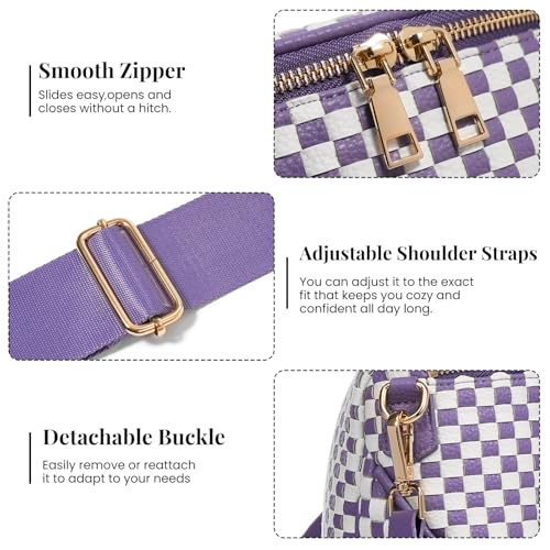 Woven Vegan leather Crossbody Bags For Women, Checkered Fashion PU Bum Bag Waist Pack, Travel Sling Purse with Adjustable Strap（Cloudy Purple) - color: White and Cloudy Purple