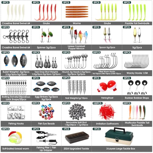 517 Pcs Large 3 Layers Tackle Box with Tackle Fishing Lures Kit Included Pliers, Fish Lip Gripper, Crankbait, Hooks, Other Accessories Fishing Kit for Men Gifts Summer Vacation(Dark Green Milky White) - color: Dark Green Milky White