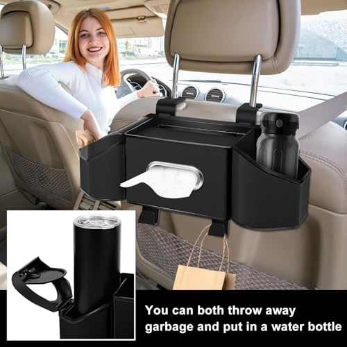 7-In-1 Car Seat Back Organizer with Cup Holders, Tissue Box, Garbage Can&Hooks, Multifunctional Headrest Storage Organizer, Headrest Cup Holder for Backseat, Car Accessories for Trips, Travels(Black) - color: Black
