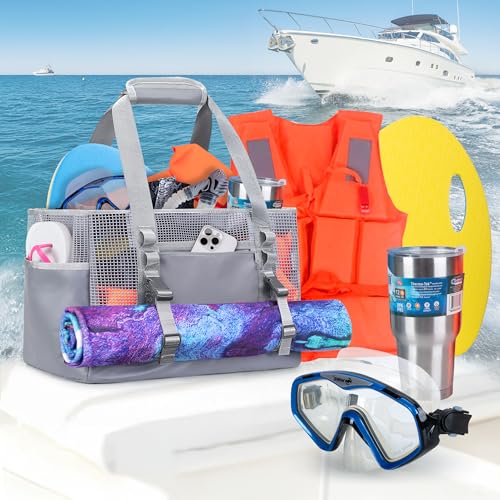 Yarwo Boat Gear Tote Bag, 35.5L Waterproof Boat Accessories Organizer with Marine-grade Coated Mesh and Wet Dry Pockets - color: Gray