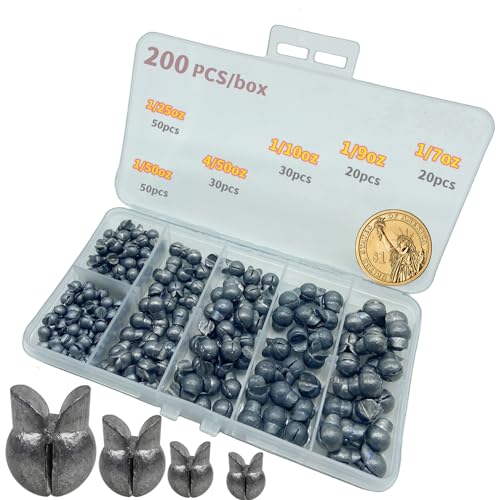 200Pcs/Box Big Size Removable Split Shot Fishing Sinkers(1/7oz,1/9oz,1/10oz,4/50oz,1/25oz,1/50oz Mixed)，Adjust Open Mouth Design Fishing Weights Clip for Freshwater Saltwater
