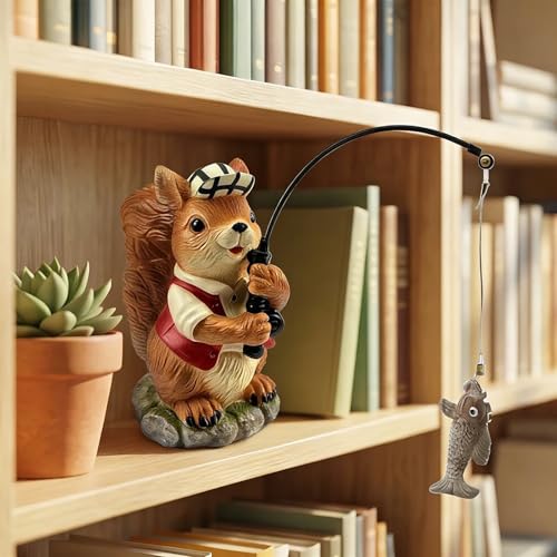 Squirrel Outdoor Statue Koi Pond Garden Decoration, Squirrel Decor for Yard 7.1'' Fishing Sculpture Outdoor Patio, Lawn Accessory, Fishing Animals for Waterfall or Koi Pond Additional, Gifts for Mom - color: Fishing Squirrel