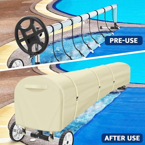 Swimming Pool Solar Reel Cover, 20Ft Heavy Duty Waterproof Pool Solar Blanket Reel Cover, UV Resistant Solar Blanket Reel Roller Covers Swimming Pool Solar Reel Covers for Inground Pool, Begie - color: Beige, size: 20 FT