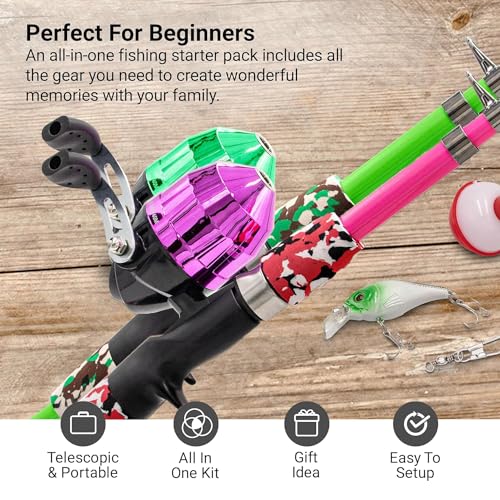 Lanaak Kids Fishing Pole, Kids Portable Telescopic Fishing Rod Set, Tackle Box and Fishing Net Combo Kit, Kids Fishing Gear for Boys and Girls Age 5-10 and Youth - color: 2 Pack (Camo Pink and Camo Green), size: 1.2m or 3.9FT