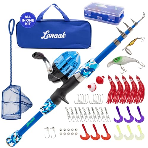 Lanaak Kids Fishing Pole, Kids Portable Telescopic Fishing Rod Set, Tackle Box and Fishing Net Combo Kit, Kids Fishing Gear for Boys and Girls Age 5-10 and Youth - color: Blue, size: 1.5m or 4.9 FT