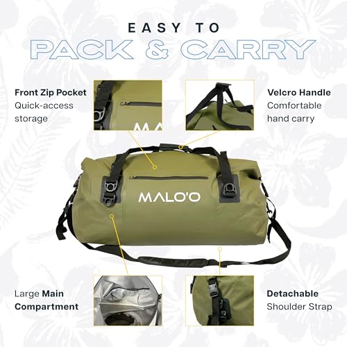 Malo’o Waterproof Dry Duffel, Heavy-Duty Roll Top Waterproof Gear Bag with Shoulder Strap & Molle Loops, Marine Duffel for Kayaking, Boating, Camping, Beach & Travel, Dark Green, 60L - color: Dark Green, size: 60L