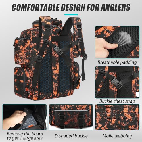 Tactical Fishing Tackle Backpack with Tackle Boxes, Rod Holders & Bottle Holder, 50 L Large Fishing Tackle Box Backpack with Cooler, Fishing Bag with Trays Store Gear & Equipment, Mars CM - color: Mars CM