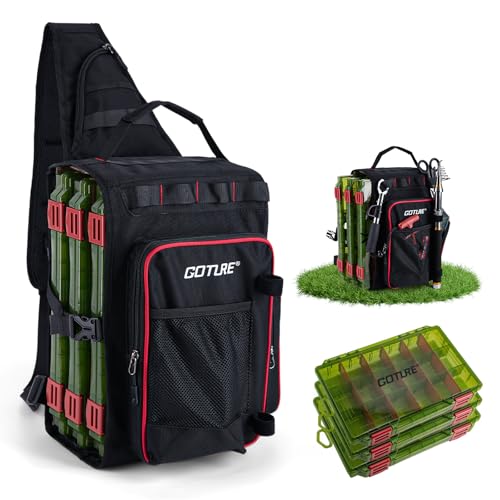 Goture OpenSide Fishing Sling Tackle Storage Bag with 3 Tackle Boxes, Lightweight Fishing Backpack Storge Gear - Black Bag Outdoor,Gift for men - color: Black, size: Small bag with 3600 trays, style: Bag + Fishing Boxes