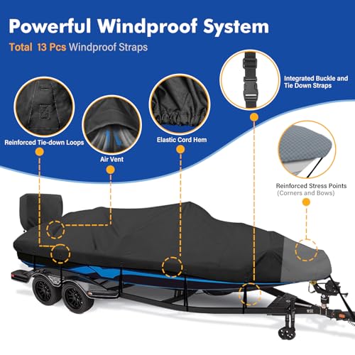 1200D Waterproof Boat Cover - Fits 20' to 22' ft Bass, V-Hull, Tri-Hull, Fish & Ski, Runabout Bowrider Boats - Heavy Duty Canvas Black - color: Black, size: Model D: Fits 20'-22' L X 102" Beam Width