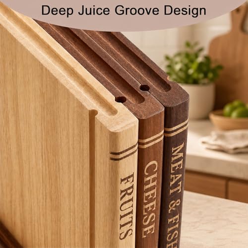 Book Cutting Board Set of 3 with Stand - Wooden Library Shaped Chopping Boards That Look Like Books, Labeled Meat, Fish, Cheese & Bread, Fruits & Vegetables, Decorative Kitchen Cutting Boards