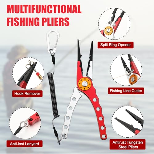 VioraWhite 8 Pieces Fishing Tools Kit Fish Hook Remover Set Include Fishing Pliers Lip Gripper Multifunction Scissors Gloves Towel Keychain Hook for Men Women Gifts - color: Red