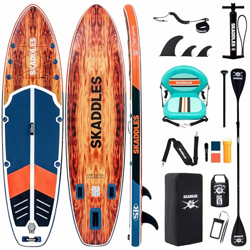 10’6’’ Inflatable Stand Up Paddle Board (SUP) for Adults and Youth with Non-Slip Deck – Complete Accessories Kit, for Fishing, Yoga, Fitness & Family Fun - color: vibrant orange wood grain/seat