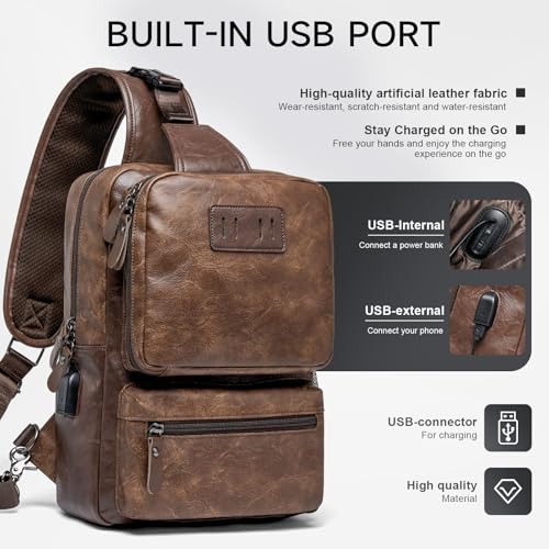 MOYYI EDC Crossbody Bag for Men Leather Sling Bag, Tactical Chest Bag with USB Charging Port, 7L Small Casual Daypacks for Travel - color: 8069brown