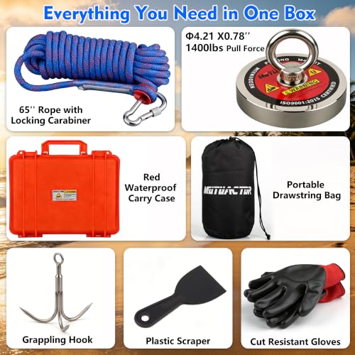 MUTUACTOR Powerful Fishing Magnet Kit Heavy Duty,1400lbs Φ4.21” Permanent Neodymium Magnets,Rare Earth Magnets with 65FT Rope Gloves for Treasure Hunting Metal Retrieval Underwater Searching - style: 1400lb Magnet with Box--Φ 4.21"