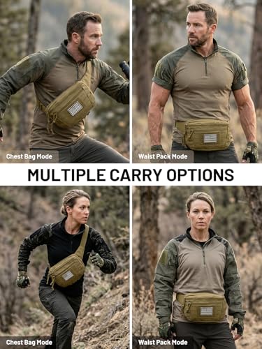 Tactical Sling Bag, Fanny Pack,2in1,CCW & EDC Shoulder Bag with MOLLE & Pistol Holster - 1000D Adjustable Strap for Outdoor Carry Men & Women - color: Khaki