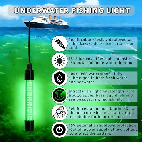 Underwater Green Fishing Light Compatible with Dewalt 20V Battery,Fishing Lights LED Underwater for Crappie and Squid Attracting,13W,1512 lumens,Green Dock Light(No Battery)