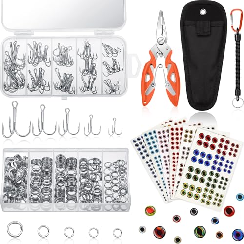 Skylety 200 Pcs Fishing Stainless Steel Split Rings, 50 Treble Hooks, Lure Tackle Connector Fishing Pliers, Fish Lanyard and 876 Lure Eyes for Tackle Fish - color: Orange