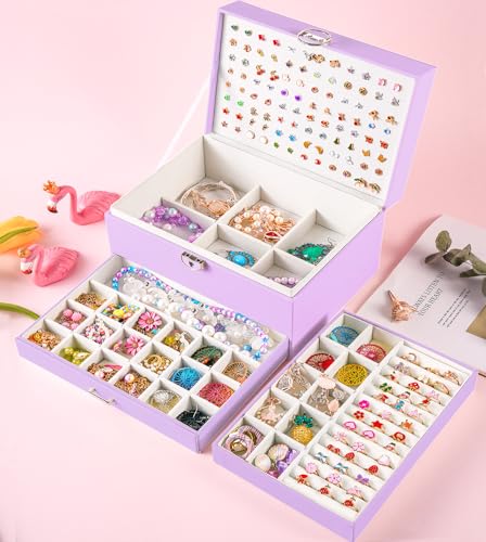 QBestry Earrings Jewelry Box for Girls, 5 Layers Jewelry Organizer with Earring Holder Organizer for Girls Earring Organizer Jewelry Boxes for Women Earrings and Necklaces Jewelry Box Organizer Violet - color: Purple, size: Large