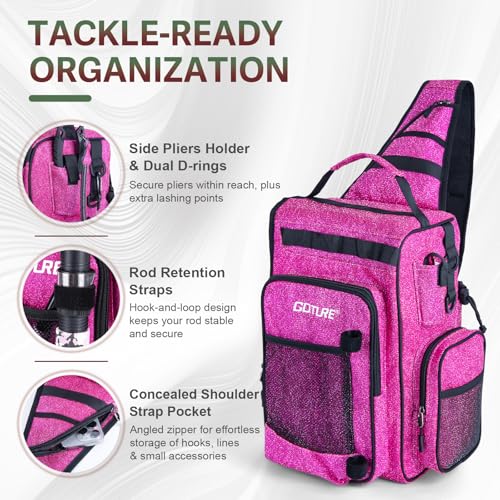 Goture Pink Fishing Rod and Reel Combo - ML Action Spinning Reel Pole with Pink Bag - Telescopic Rod Kit for Starter Travel Saltwater Freshwater, Gift for Woman - color: Pink Pole - Sparkling Sling Bag with 3600 Trays, size: 9FT/2.7M