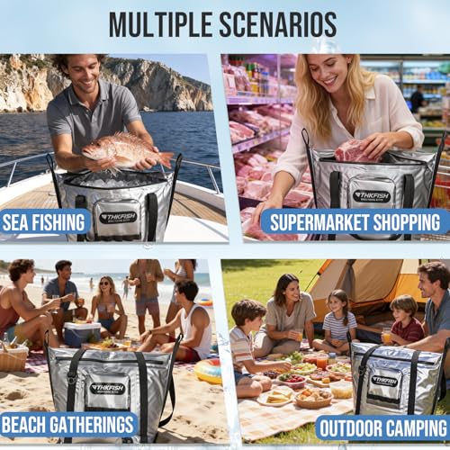 THKFISH Insulated Fish Cooler Bag, 25x17.5in Portable Soft Cooler Bag for Caught Fish, Travel, Beach, Camping, Picnic, Lunch, Fishing, 24HR Cold Retention - color: Silver --25x17.5x8.6"