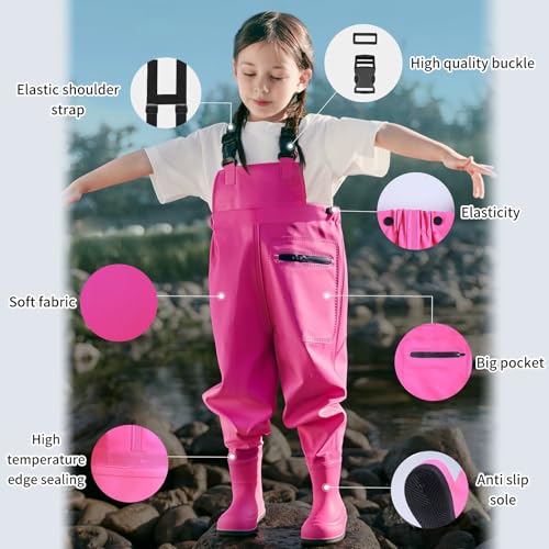 SooGree Kids Chest Wader with Non-Slip Boots,Youth Fishing Hunting Waterproof Waiters, Children Boys Girls Breathable Waders - color: Pink, size: Foot length：6.89"；Height：35.43"-43.3"