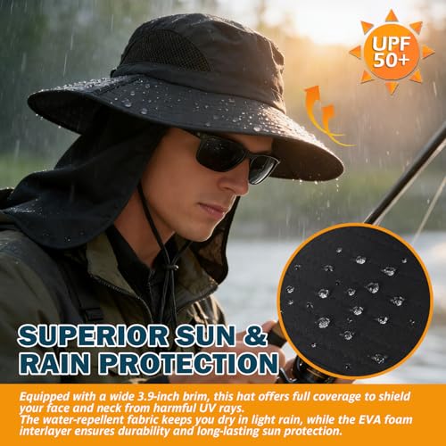 Wide Brim Sun Bucket Hat, Waterproof Boonie Hat for Men & Women | UPF 50+ UV Protection, Adjustable Fit, Chin Strap & Sweatband, Foldable Durable for Fishing Hiking Garden Beach - color: 07 Black (Full Coverage)