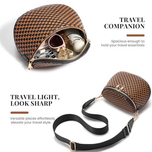 Woven Vegan leather Crossbody Bags For Women, Checkered Fashion PU Bum Bag Waist Pack, Travel Sling Purse with Adjustable Strap（Brown and Black) - color: Brown and Black