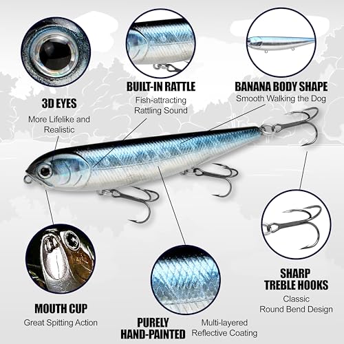 LUCKY CRAFT Sammy 105 Topwater Fishing Lures, 3 Hook, 4-1/8" Floating Freshwater Trout and Bass Lures, Walk-the-Dog Tournament Bait, Bass Fishing Gear and Tackle Box Accessories - color: 052 Aurora Black