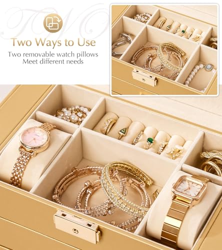 Homde Synthetic Leather Huge Jewelry Box Mirrored Watch Organizer Necklace Ring Earring Storage Lockable Gift Case (Gold) - color: Gold