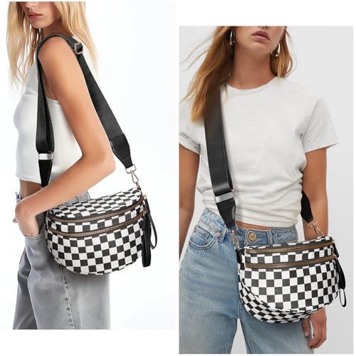 Checkered Crossbody Bum Bags for Women Nylon Checkered Purse Checkerboard Fanny Pack - color: F02-black