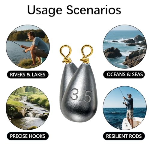Casting Sinker Weights Assortment, Teardrop Fishing Sinkers with Brass Swivel Loops, 1/8 oz to 3/4 oz, Drop Shot Weights for Bass Catfish, Freshwater Saltwater - color: 40pcs-1/8oz