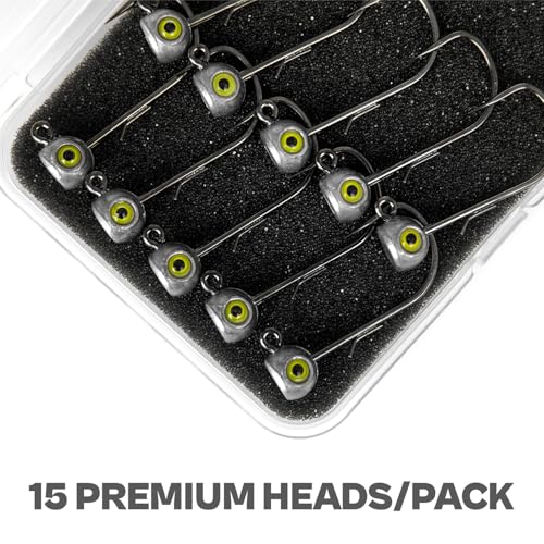 15-Pack Fish Eye Ned Rig Jig Heads with Welded Wire Bait Keeper – 1/16 3/32 1/8 3/16 1/4oz with 2/0 3/0 Hooks, Chartreuse Eyes, Secure Finesse TRD Hookup for Bass Fishing - size: Assorted Weights - 15Pack