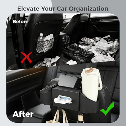 7-in-1 Car Seat Back Organizer, Multifunctional Storage with Cup Holder, Dual-Use Trash Can, Tissue Box, 2 Hooks, Easy to Install Back Seat Car Organizer