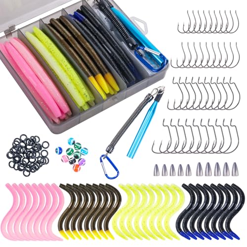 Goture Wacky Worm Fishing Lure Kit with Soft Plastics, Wacky Rig Tools, O-Rings, Worm & Drop Shot Hooks, Beads, Weights & Tackle Box - color: B-143pcs Wacky Worm Kit(5.3" Soft Worm)