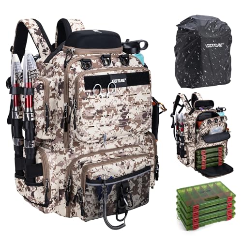 Goture Fishing Backpack with 4 Tackle Boxes,900D Water-Resistant Tackle Backpack with Rod Holders,Sunglasses Case,45L Large Storage Gear Bag with Rain Cover,Bottle Holder for Travel Camping Hiking - color: A2:camo 1#, size: Included 4 Tackle Boxes