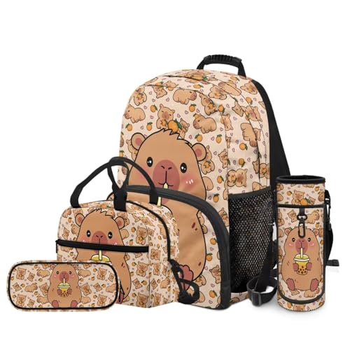 Cute Capybara Backpack for Boys Girls Elementary School Bookbag Satchel 4 Pack Backpacks with Insulated Lunch Bag and Pencil Case Water Bottle Holder Set - color: Capybara Cartoon