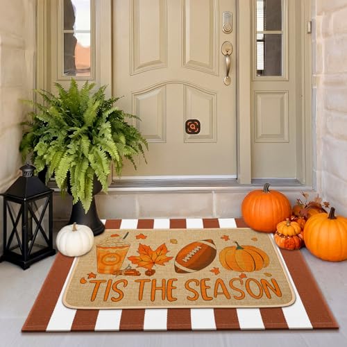 Tinideya 2 Pcs Fall Football Door Mat Outdoor Autumn Pumpkin Welcome Doormat for Front Door Nonslip Linen Rubber Layered Orange Stripe Thanksgiving Harvest Rugs Its The Season Decor for Porch Entryway - size: 16 x 28 Inch,24 x 35 Inch, style: Fall Footbal