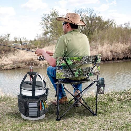 Fishing Bucket Organizer with Bucket Cover Fishing Tackle Bag with Rod & Plier Holder, Multi-Pockets for 5 Gallon Bucket Fishing Gear & Accessories Father Gifts - color: Camouflage