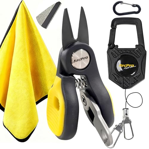 Titanium-Coated Fishing Line Cutter Saltwater Set, Fishing Scissors for Braided Line with Retractable Zinger & Thick Microfiber Towel, One-Hand Operation Anti-Rust Compact Braid Scissors