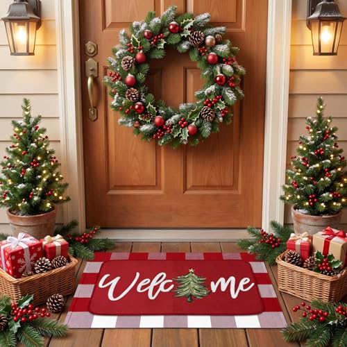 Tinideya 2 Pcs Christmas Doormats Xmas Tree Welcome Outdoor Door Mats Red and White Layered Front Door Rugs Non Slip Floor Mats for Holiday Porch Entryway Xmas Holiday Seasonal Decor - size: 16 x 28 Inch,24 x 35 Inch, style: Xmas Tree